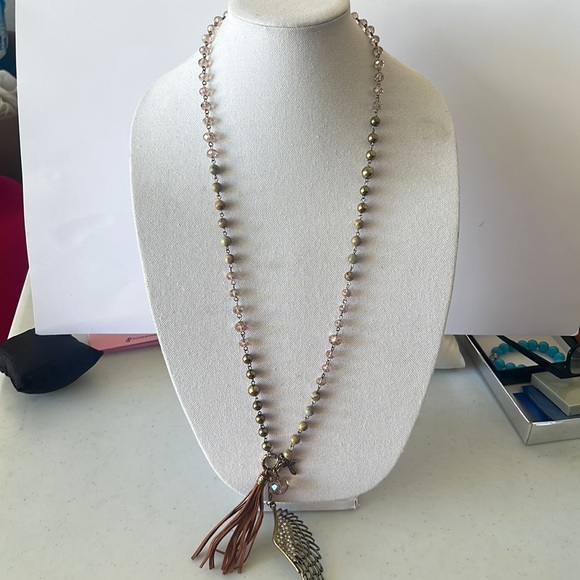 Skyward vintage long necklace or worn double strand, crystal, agate, faux pearls - Picture 8 of 10